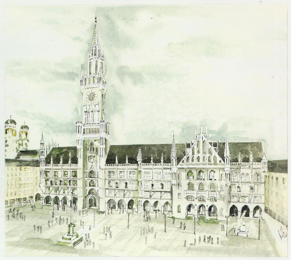 40) Marienplatz München_Perspektivzeichnung aus der Bewerbung bei K+P 1981